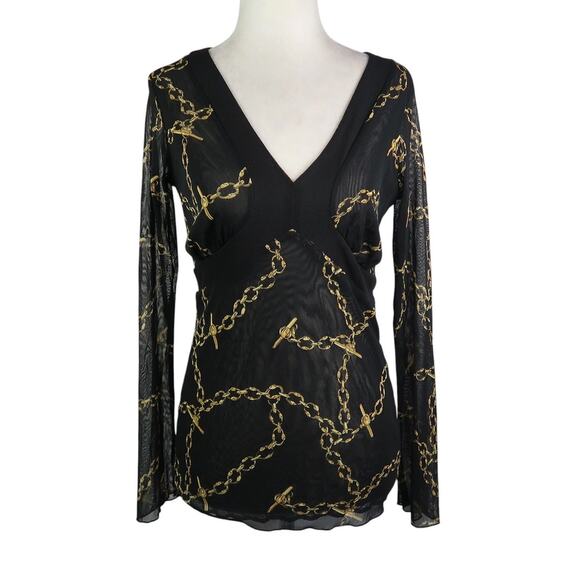 New York & Company Tops - Vintage Y2K New York & Company Black Mesh Top Gold Chain Print S